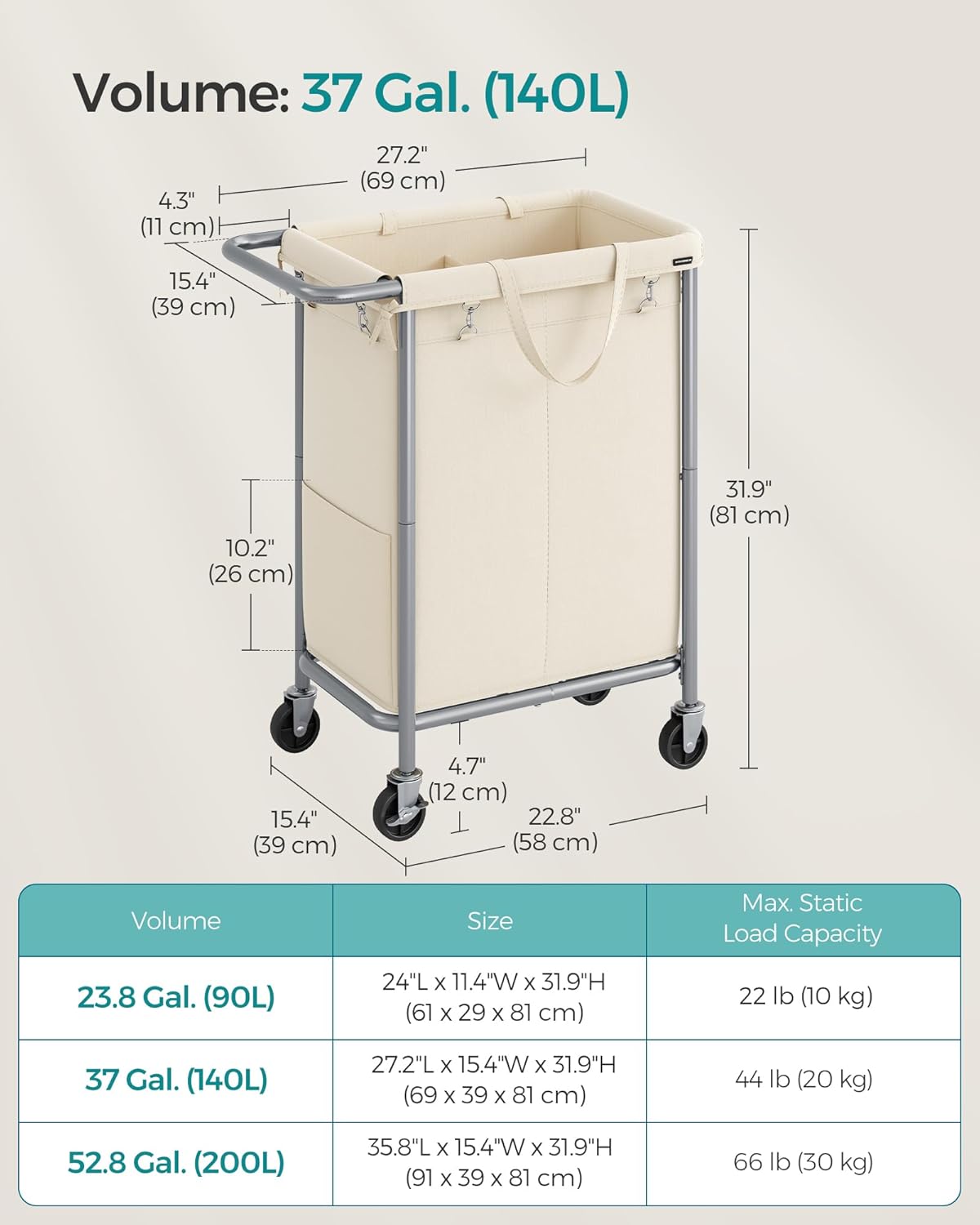 SONGMICS Laundry Basket with Wheels, 2-Section Rolling Laundry Hamper, 37 Gallons (140L), Removable Liner, Steel Frame with Handle, Blanket Storage, 27.2 x 15.4 x 31.9 Inches, Cream White URLS004W01