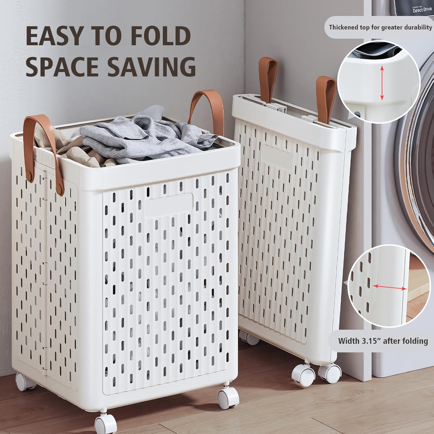 UAK Laundry Basket with Wheels, Collapsible Plastic Laundry Hamper with Handle, Foldable Laundry Basket Organizer for Laundry and Bathroom (Snow White, XXL)