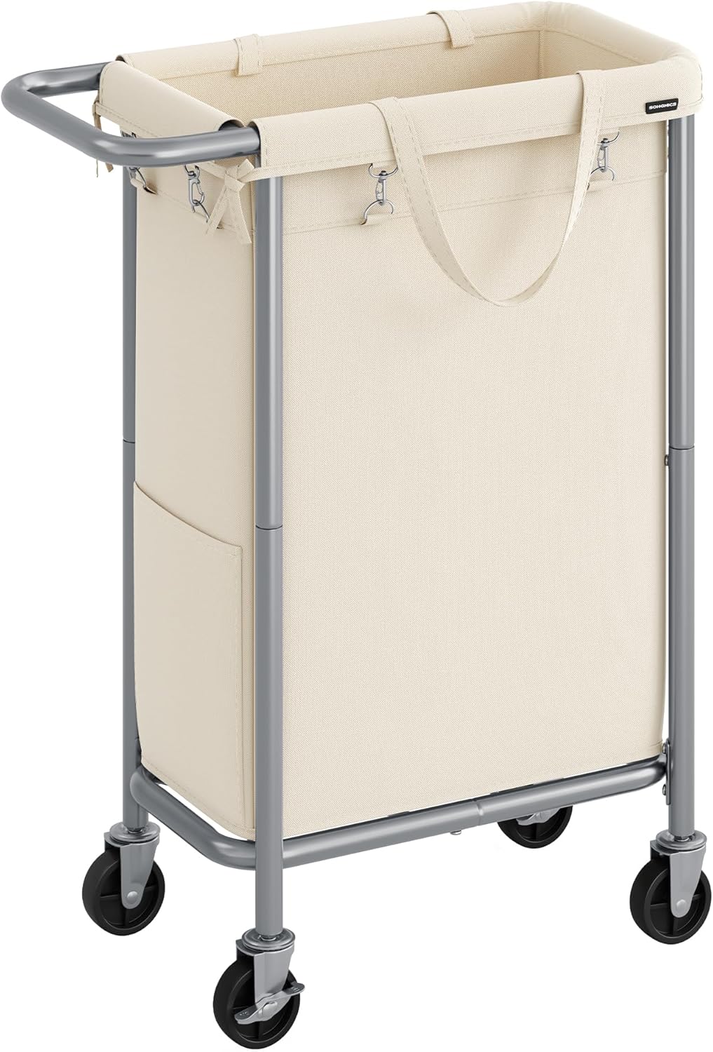 SONGMICS Laundry Basket with Wheels, 2-Section Rolling Laundry Hamper, 37 Gallons (140L), Removable Liner, Steel Frame with Handle, Blanket Storage, 27.2 x 15.4 x 31.9 Inches, Cream White URLS004W01