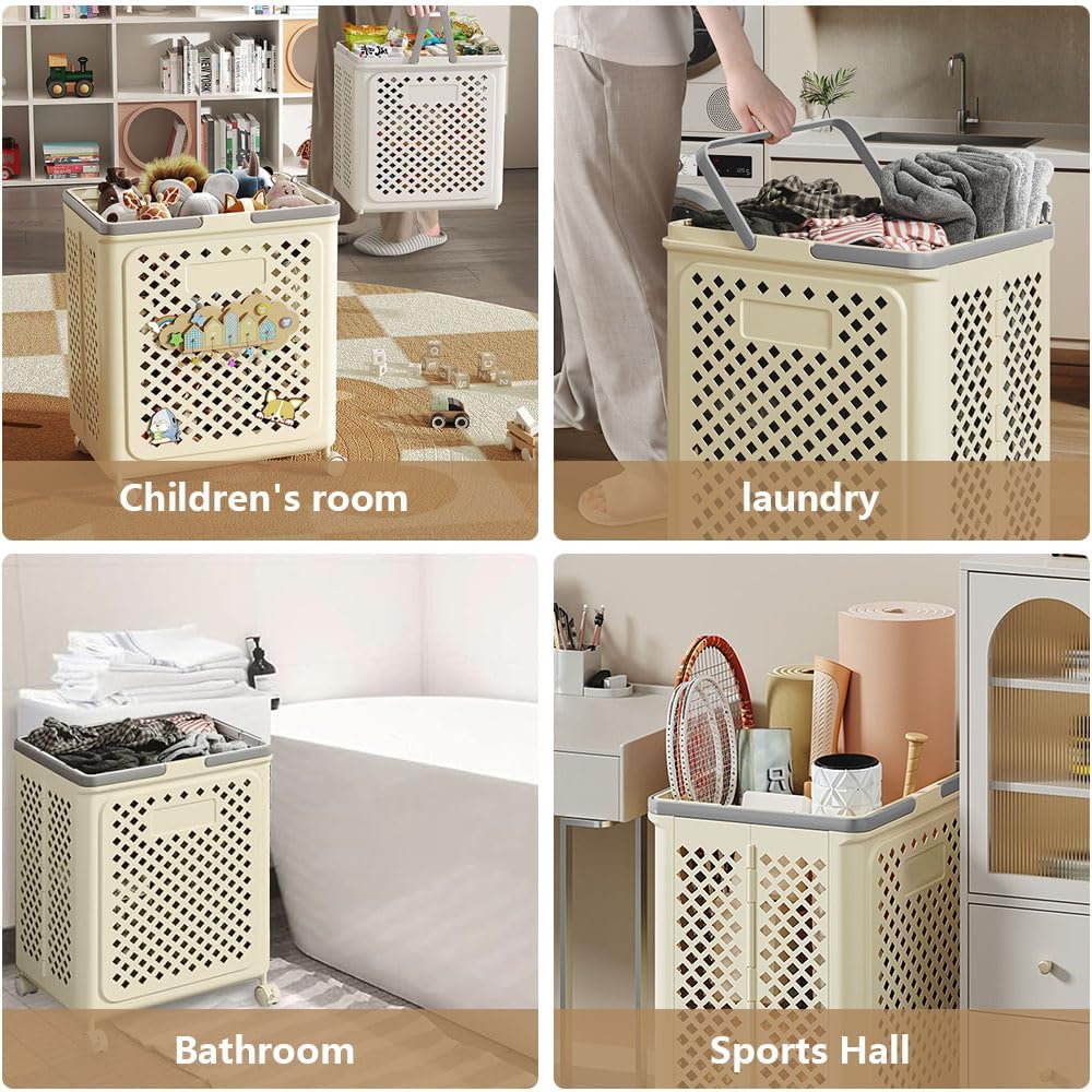 50L small foldable storage basket with wheels and handles, yoga mat storage basket, mesh rolling laundry basket, plastic small rolling gift basket are the best choice to save space