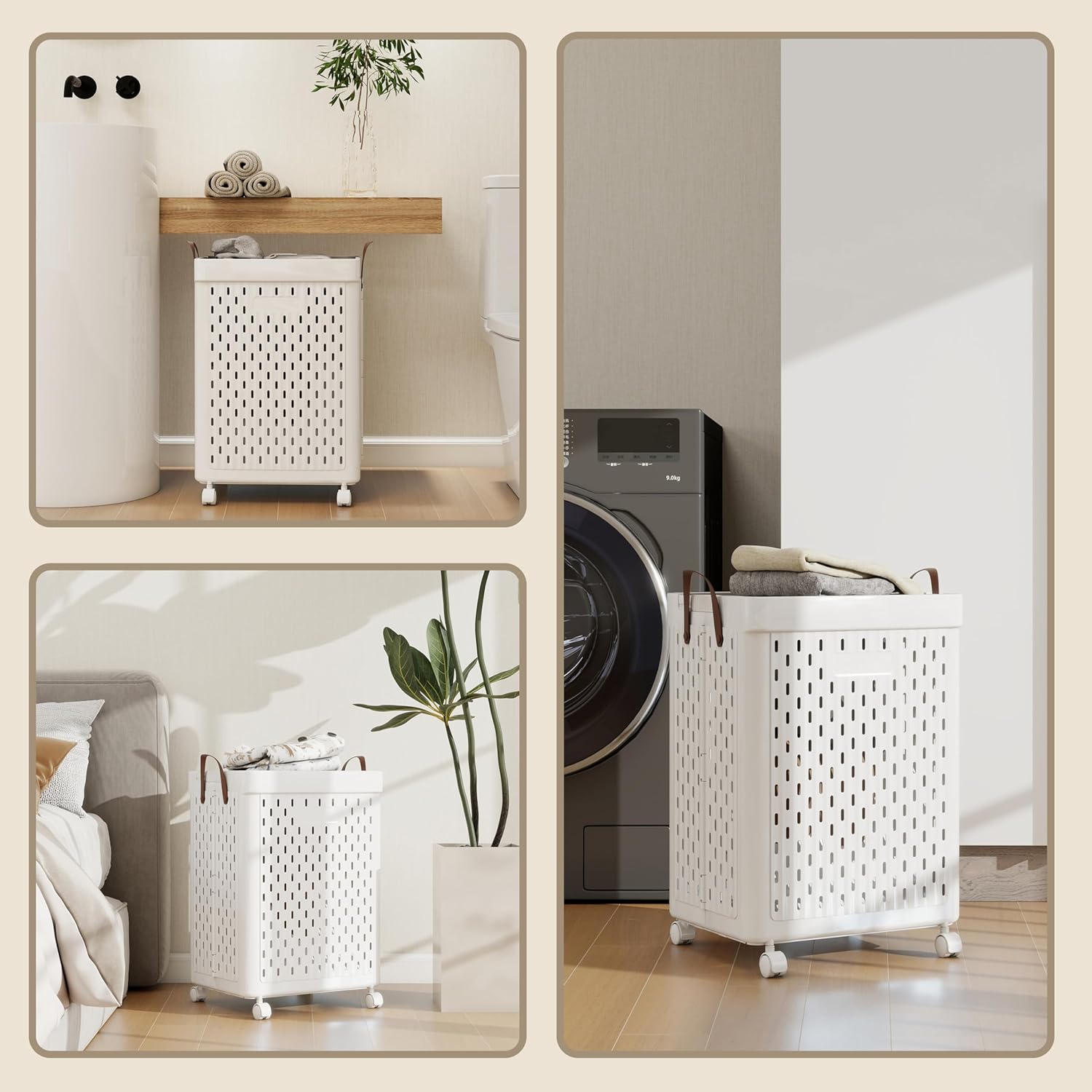 UAK Laundry Basket with Wheels, Collapsible Plastic Laundry Hamper with Handle, Foldable Laundry Basket Organizer for Laundry and Bathroom (Snow White, XXL)