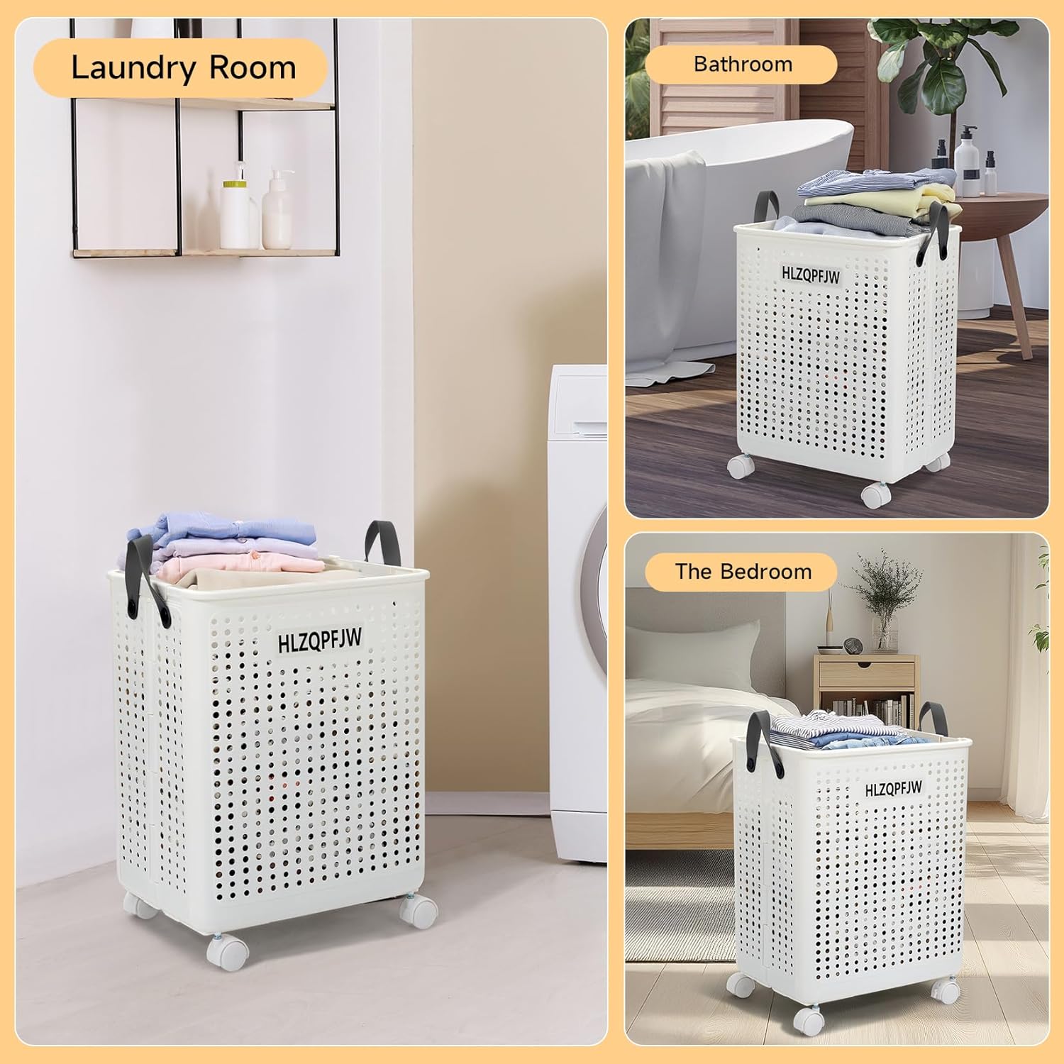 HLZQPFJWcollapsible laundry baskets,laundry basket with wheels,laundry hamper with wheels,dorm laundry hamper,childlaundry basket plastic(White, Large)