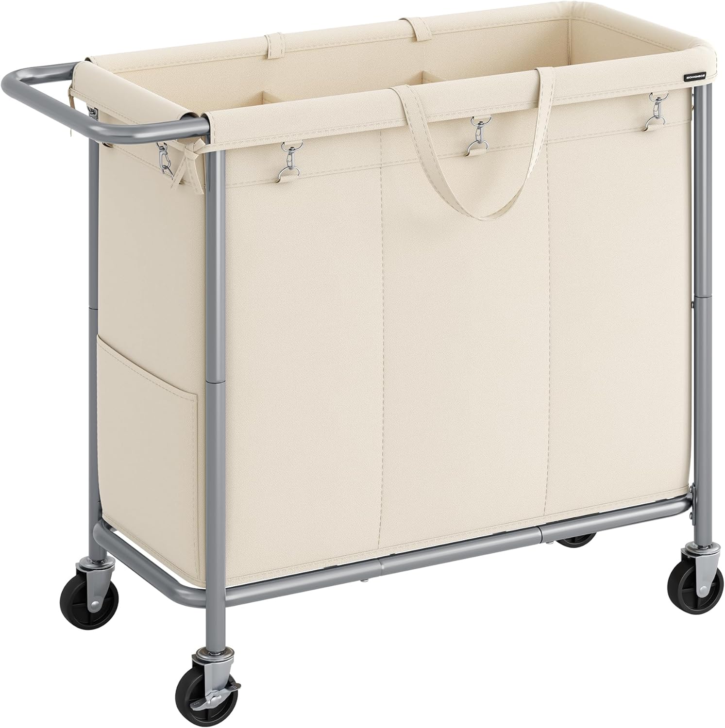 SONGMICS Laundry Basket with Wheels, 2-Section Rolling Laundry Hamper, 37 Gallons (140L), Removable Liner, Steel Frame with Handle, Blanket Storage, 27.2 x 15.4 x 31.9 Inches, Cream White URLS004W01