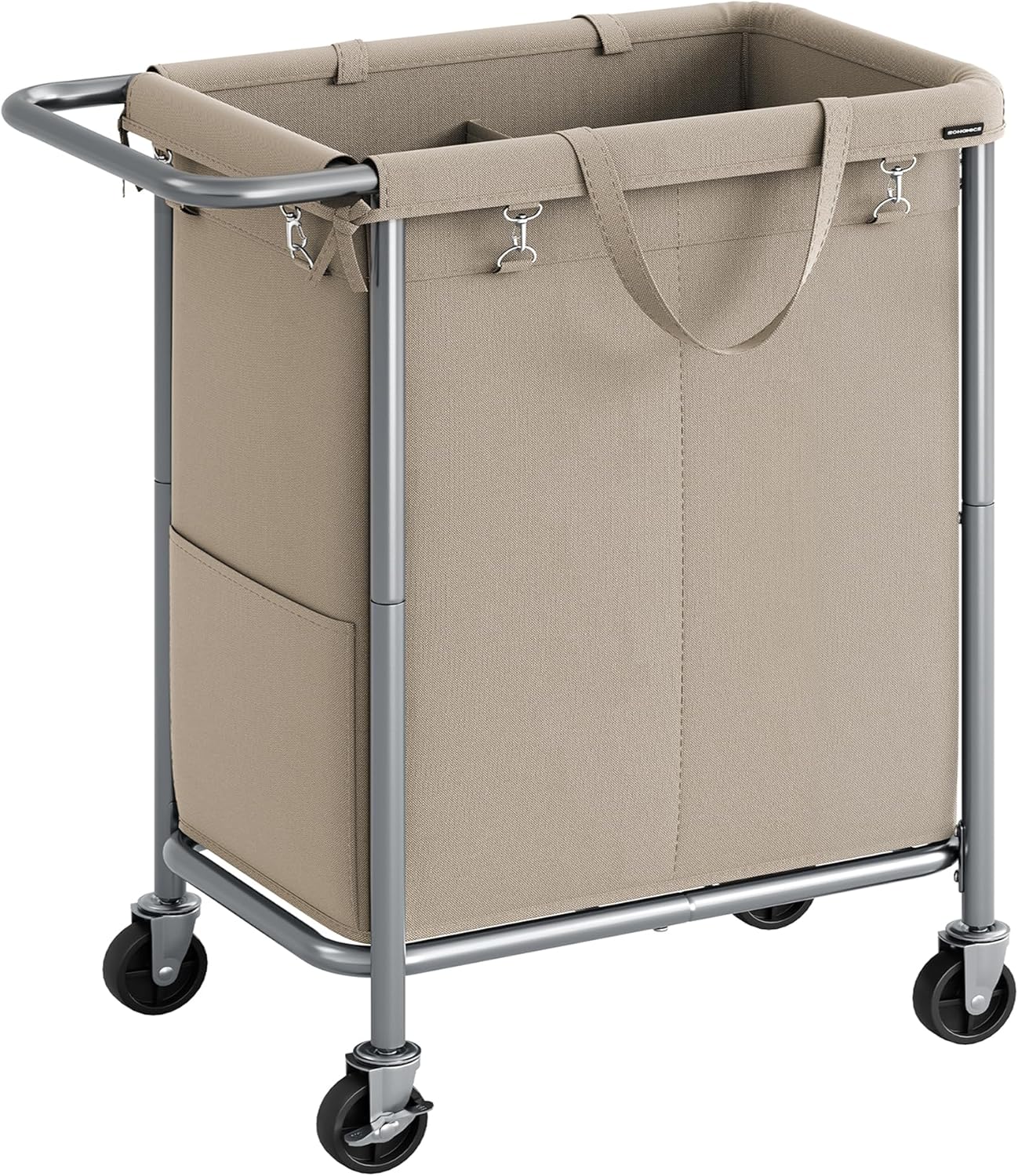 SONGMICS Laundry Basket with Wheels, 2-Section Rolling Laundry Hamper, 37 Gallons (140L), Removable Liner, Steel Frame with Handle, Blanket Storage, 27.2 x 15.4 x 31.9 Inches, Cream White URLS004W01