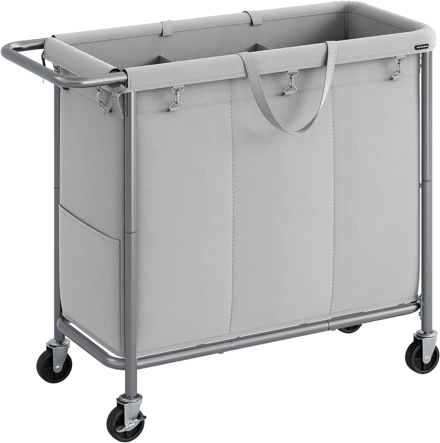 SONGMICS Laundry Basket with Wheels, 2-Section Rolling Laundry Hamper, 37 Gallons (140L), Removable Liner, Steel Frame with Handle, Blanket Storage, 27.2 x 15.4 x 31.9 Inches, Cream White URLS004W01