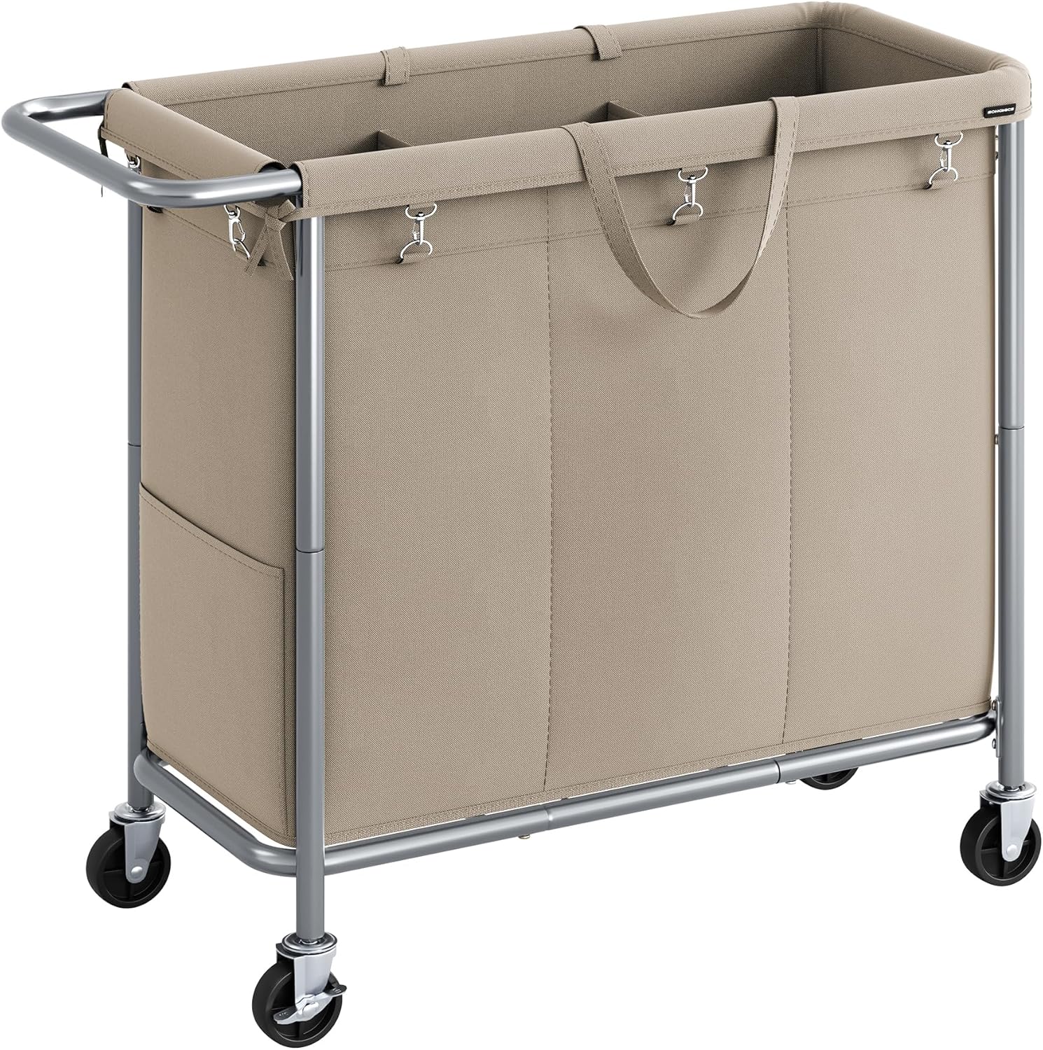 SONGMICS Laundry Basket with Wheels, 2-Section Rolling Laundry Hamper, 37 Gallons (140L), Removable Liner, Steel Frame with Handle, Blanket Storage, 27.2 x 15.4 x 31.9 Inches, Cream White URLS004W01